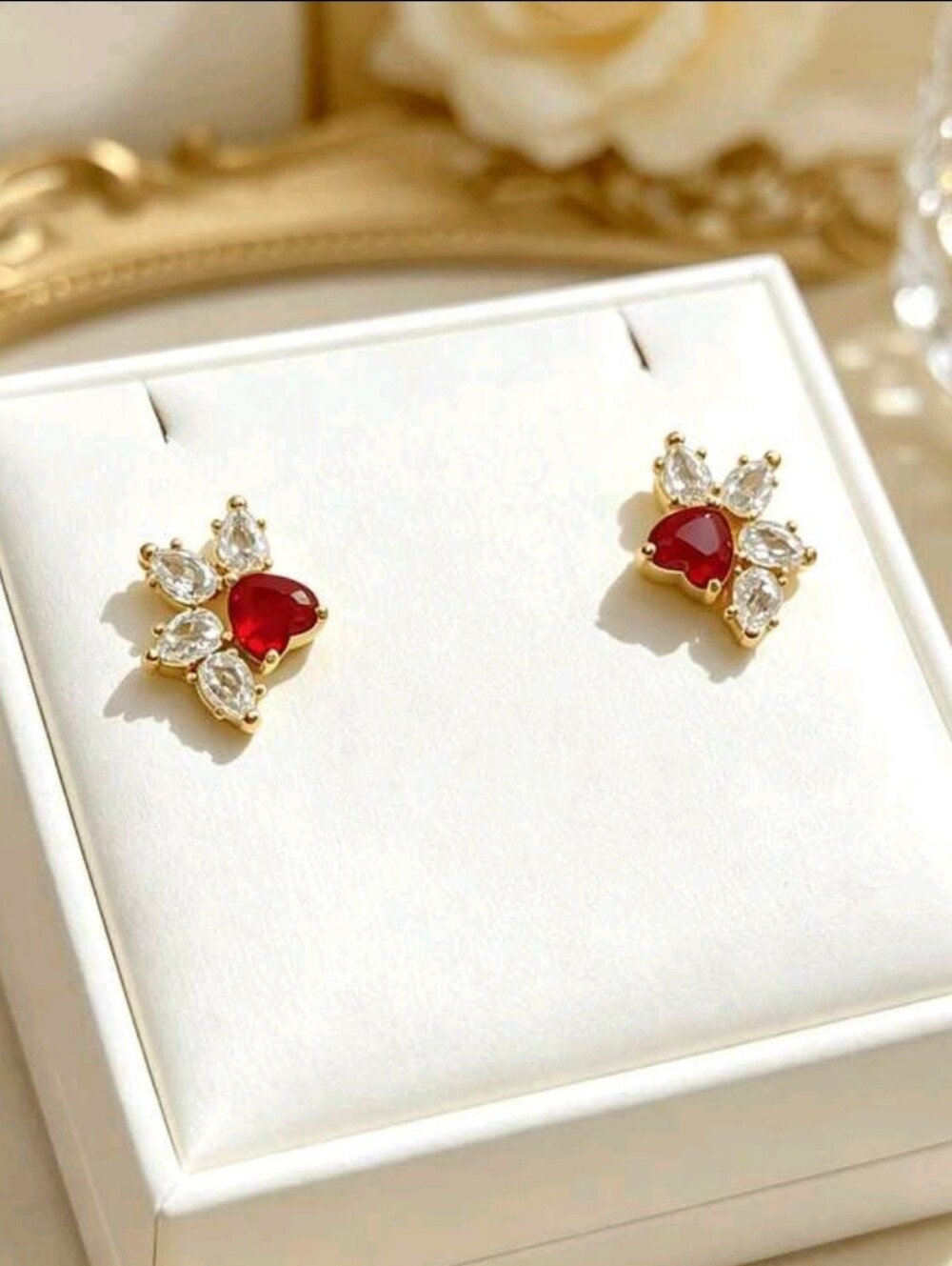 NEW Gold Plated Red Heart & Clear Crystal Stud Earrings - Women Jewelry
